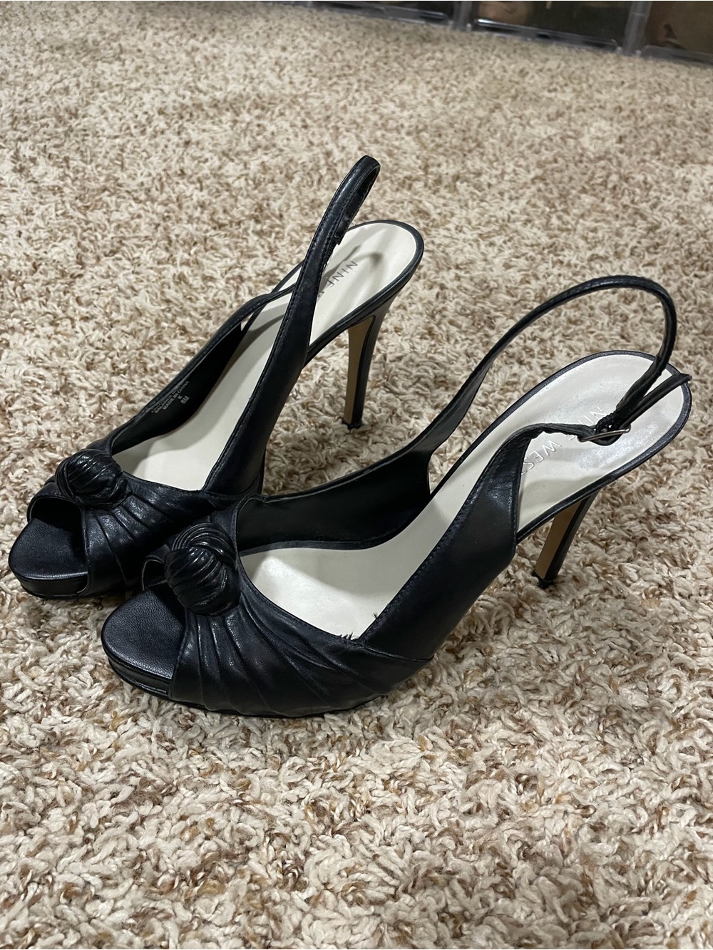 Nine West Black Peep-Toe Slingback Heels with Knotted Detail